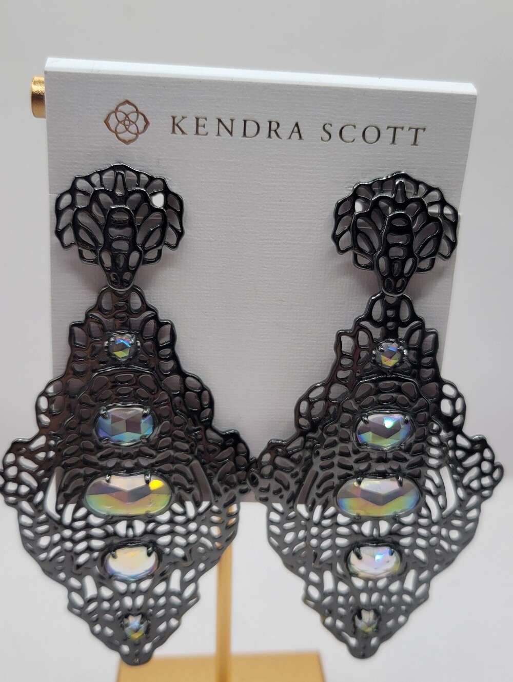 Kendra Scott Black Filigree Earrings Rare And Retired Iridescent Stones Gunmetal